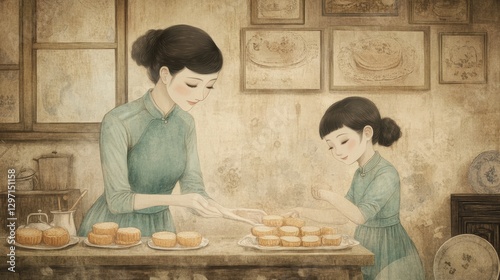 Mother and Daughter Preparing Pineapple Tarts in Vintage Kitchen