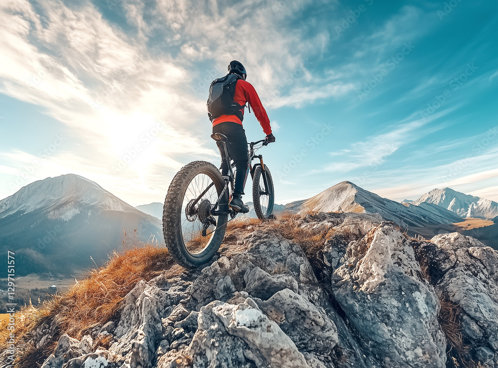 Cyclist enjoying mountain sunset on rocky peak during scenic ride Cyclist enjoying mountain sunset on rocky peak during scenic ride