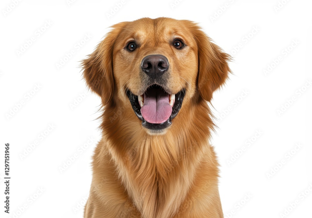 A golden retriever with a friendly expression and open mouth isolated on a white background A golden retriever with a friendly expression and open mouth isolated on a white background