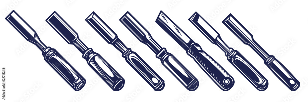 Chisel set for carpentry. Collection of tools for woodworking. Handmade or craftsmanship with woodcraft, wooden materials, joinery, lumber, timber for craft workshop Chisel set for carpentry. Collection of tools for woodworking. Handmade or craftsmanship with woodcraft, wooden materials, joinery, lumber, timber for craft workshop