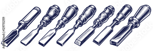 Chisel set for carpentry. Collection of tools for woodworking. Handmade or craftsmanship with woodcraft, wooden materials, joinery, lumber, timber for craft workshop