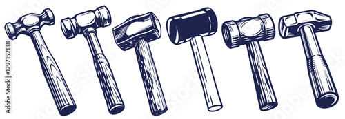 Hammer set for carpentry. Collection of tools of mallet for woodworking. Handmade or craftsmanship with woodcraft, wooden materials, joinery, lumber, timber for craft workshop
