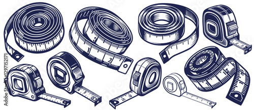Measuring tools set showing rolled and unrolled tapes for dressmakers, tailors, carpenters and architects working with precision and accuracy in construction and fashion design