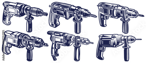Drill or perforator set for carpentry or collection of construction and carpentry tools with screwdriver. Handmade, craftsmanship with woodcraft, repair work with wooden materials for craft workshop