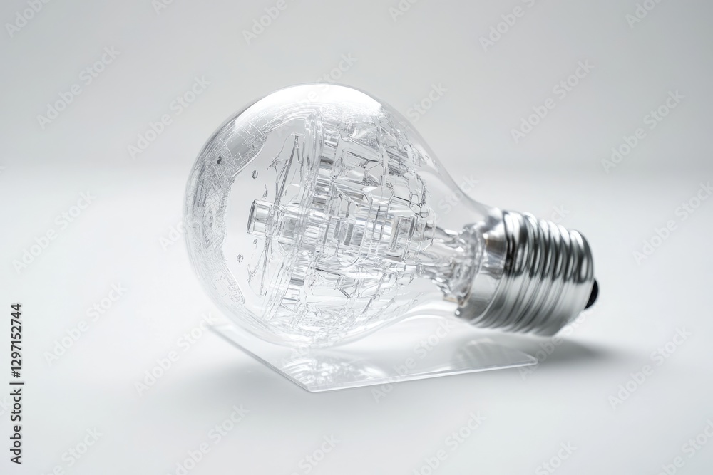 A transparent lightbulb showcasing its internal intricate mechanisms on a clear acrylic base. A transparent lightbulb showcasing its internal intricate mechanisms on a clear acrylic base.