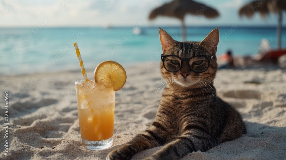 A stylish cat wearing glasses enjoys a refreshing cocktail on the sunny beachfront A stylish cat wearing glasses enjoys a refreshing cocktail on the sunny beachfront