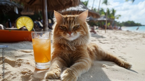 A fashionable cat sporting stylish glasses relaxes with a cocktail on a sunny beach getaway.