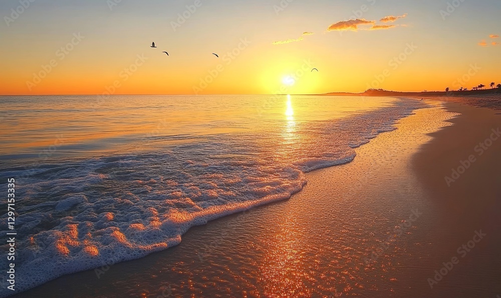 Fototapeta premium Stunning Golden Sunset Beach Ocean Waves Peaceful Sky Scenic Tranquil Summer Vacation Paradise Tropical Idyllic Seascape