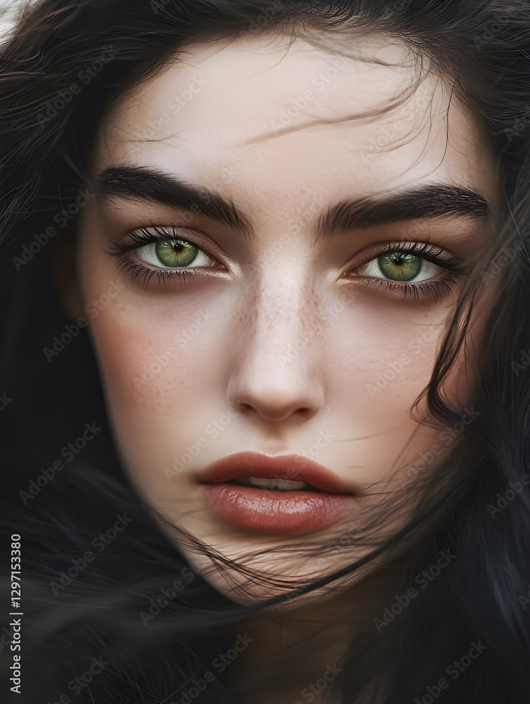 Fototapeta premium Close-up portrait of a stunning woman with deep green eyes, soft skin, and dark wavy hair. Her natural beauty, delicate features, and intense gaze create an enchanting and ethereal aura. 