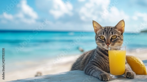 A charming cat lounging on the beach, sipping a colorful cocktail under the warm sun.
