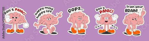 A set of cool stickers with a cartoon character brain and quotes. The concept of mental health care. Vector illustration.