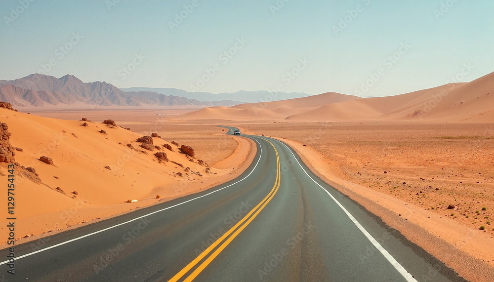 Winding road through sparse desert landscape, journey of adventure Winding road through sparse desert landscape, journey of adventure