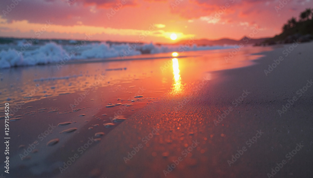Naklejka premium Vibrant sunrise reflecting on wet sand, serene coastal beauty