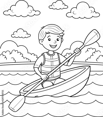 Teenage Boy Kayaking Coloring Page – Black and White