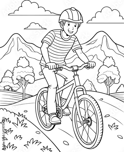Teenage Boy Mountain Biking Coloring Page – Black and White