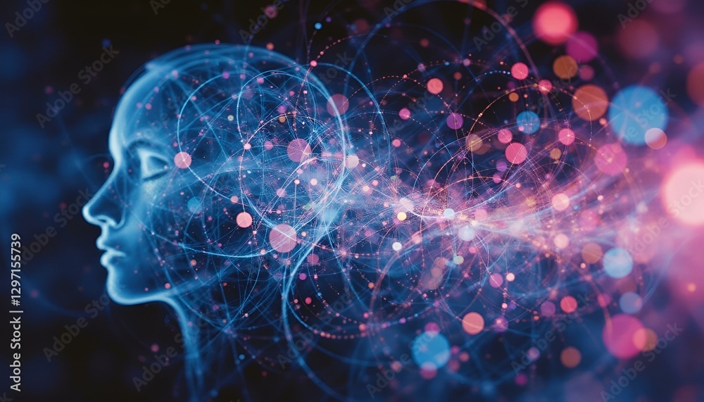 glowing, translucent human face made of interconnected neural networks and flowing data streams emerges from a dark, digital background glowing, translucent human face made of interconnected neural networks and flowing data streams emerges from a dark, digital background