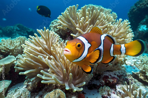 A clown fish swims in the ocean next to vegetation.