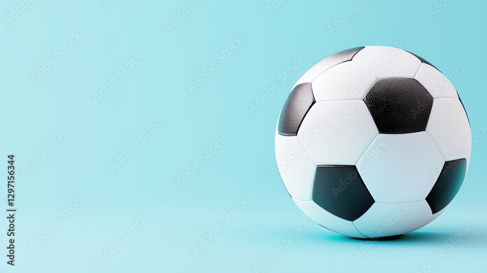 Naklejka premium Classic black and white soccer ball resting on a bright cyan blue backdrop in studio light.