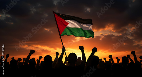 Free Palestine, Save Palestine: Crowd Silhouette with Flag at Sunset - Freedom, Protest, Solidarity