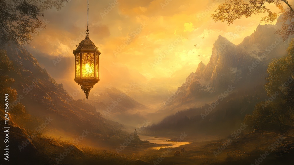Fototapeta premium A hanging lantern illuminates a stunning mountain landscape at sunset