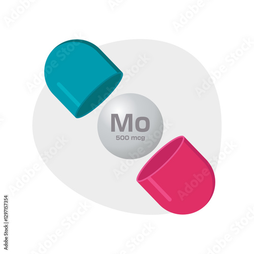 Opened supplement capsule revealing the active ingredient, Molybdenum (Mo), with a dose. Vector illustration.