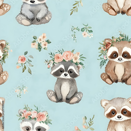 Charming raccoons adorned with floral wreaths in a delightful seamless pattern design. Seamless pattern. Generative AI