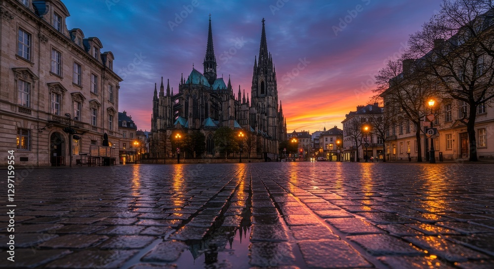 Fototapeta premium Cathedral City at Sunset - A stunning sunset view of a European city square, with a grand cathedral as the centerpiece, reflected in the wet cobblestone streets