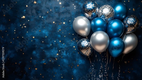 Silver and blue balloons floating on a midnight blue background with gold confetti