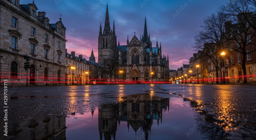 Fototapeta premium Cathedral Cityscape Reflection - Stunning twilight view of a cathedral reflected in a wet street, city buildings flanking the scene