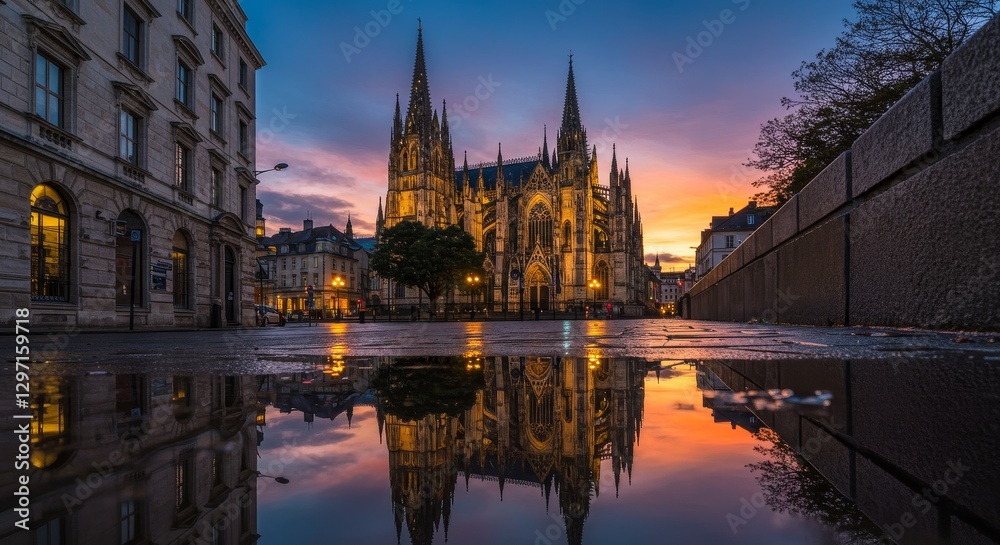 Fototapeta premium Cathedral Reflection Dusk Cityscape - Tranquil cityscape at dusk, cathedral reflected in a rain puddle, symbolizing faith, urban beauty, serenity, reflection, and twilight