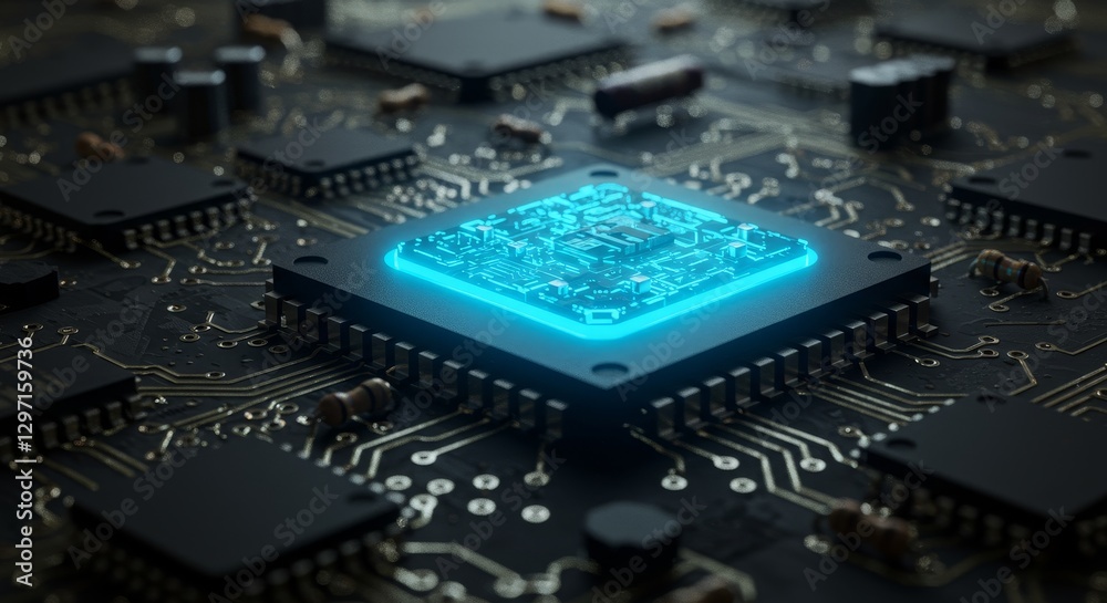 Fototapeta premium Central Processing Unit on Circuit Board - Close-up view of a central processing unit glowing blue on a circuit board. High-tech, technology