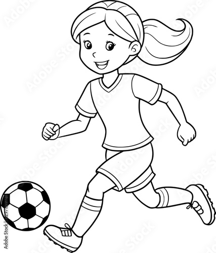 Teenage Girl Playing Soccer Coloring Page – Black and White