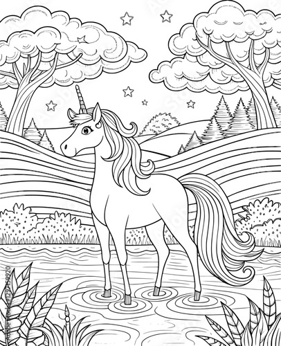 Unicorn by the River Coloring Page – Black and White