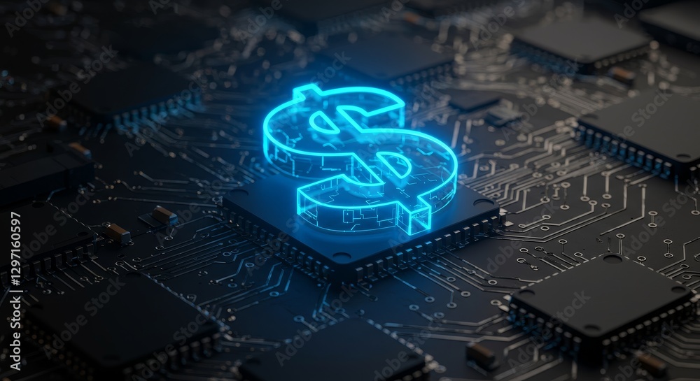 Fototapeta premium Currency Technology - Glowing blue dollar sign on a circuit board, representing finance and technology.