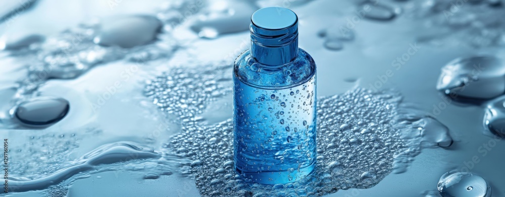 Refreshing Blue Serum Bottle on Wet Surface Refreshing Blue Serum Bottle on Wet Surface