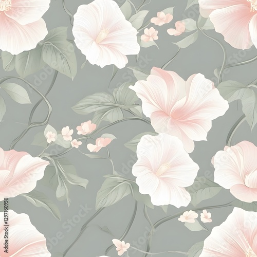 Wallpaper Mural Elegant floral pattern with pink flowers and green leaves on a soft gray background, creating a delicate and timeless design.   Torontodigital.ca