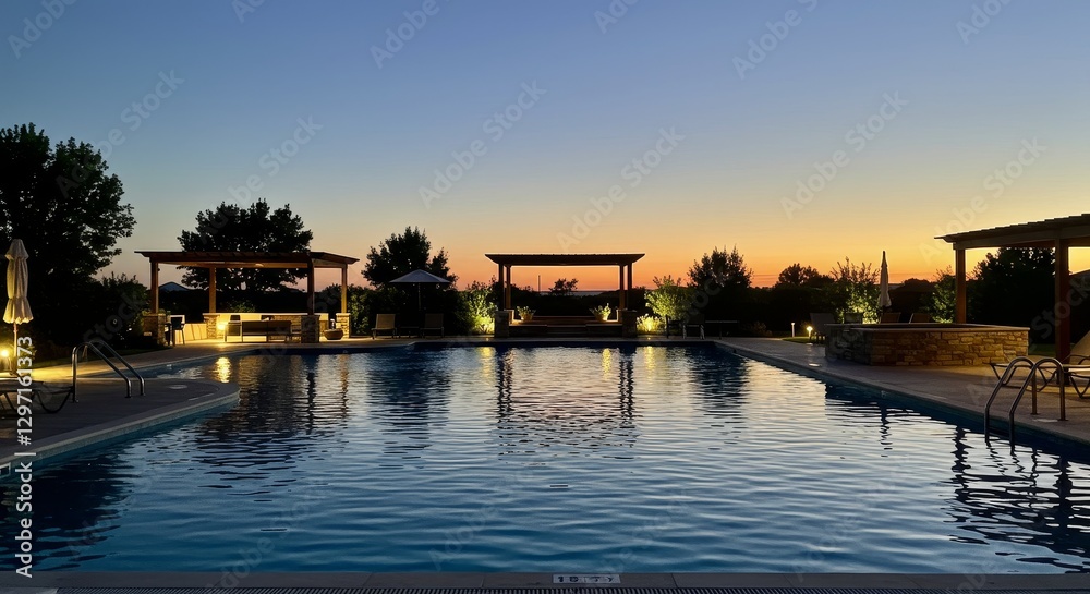 Evening Pool Reflections - Serene twilight scene of a tranquil swimming pool reflecting the sunset's warm glow. Symbolizing peace, relaxation, luxury, escape, and rejuvenation Evening Pool Reflections - Serene twilight scene of a tranquil swimming pool reflecting the sunset's warm glow. Symbolizing peace, relaxation, luxury, escape, and rejuvenation