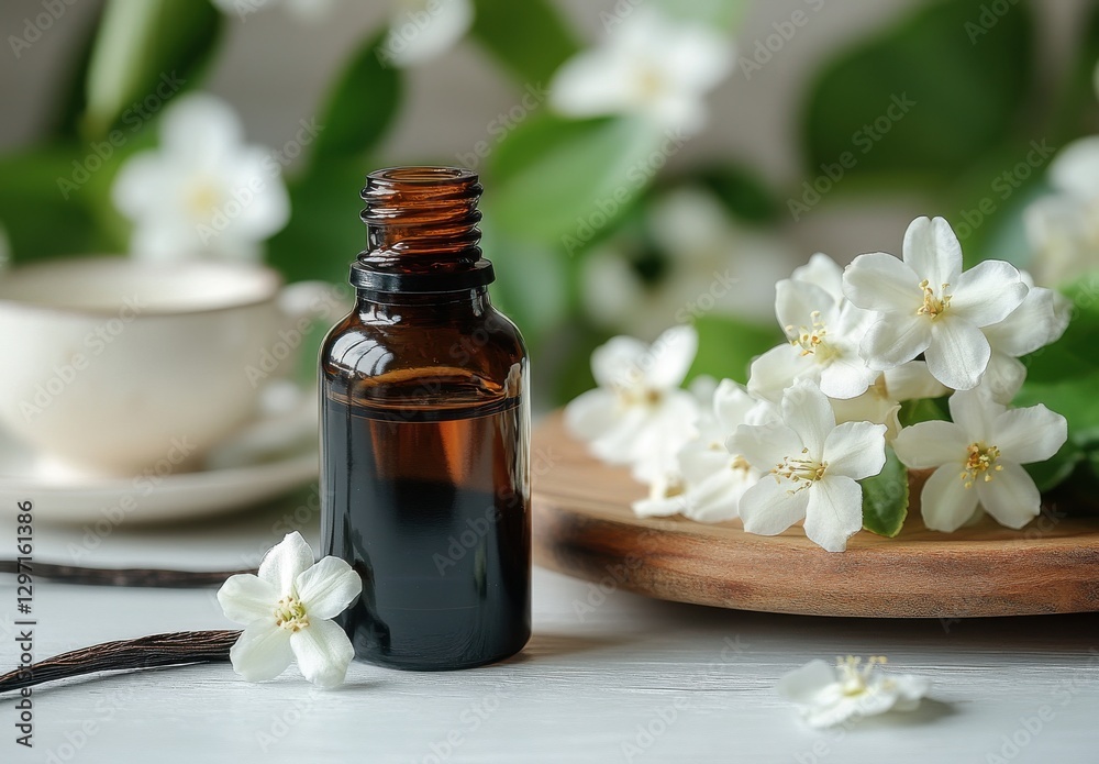 Elegant amber bottle of essential oil surrounded by fresh flowers and leaves on a wooden surface with a cup in a serene, natural setting Elegant amber bottle of essential oil surrounded by fresh flowers and leaves on a wooden surface with a cup in a serene, natural setting