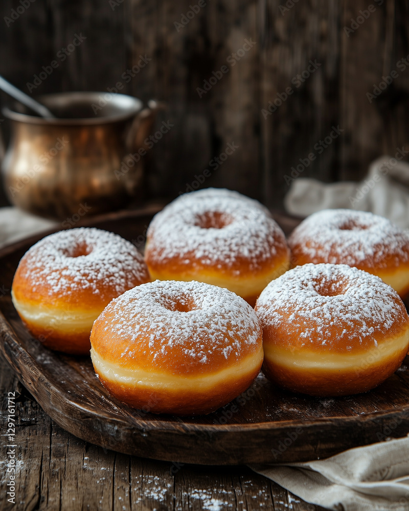 Golden donuts with powdered sugar on rustic wooden plate Golden donuts with powdered sugar on rustic wooden plate