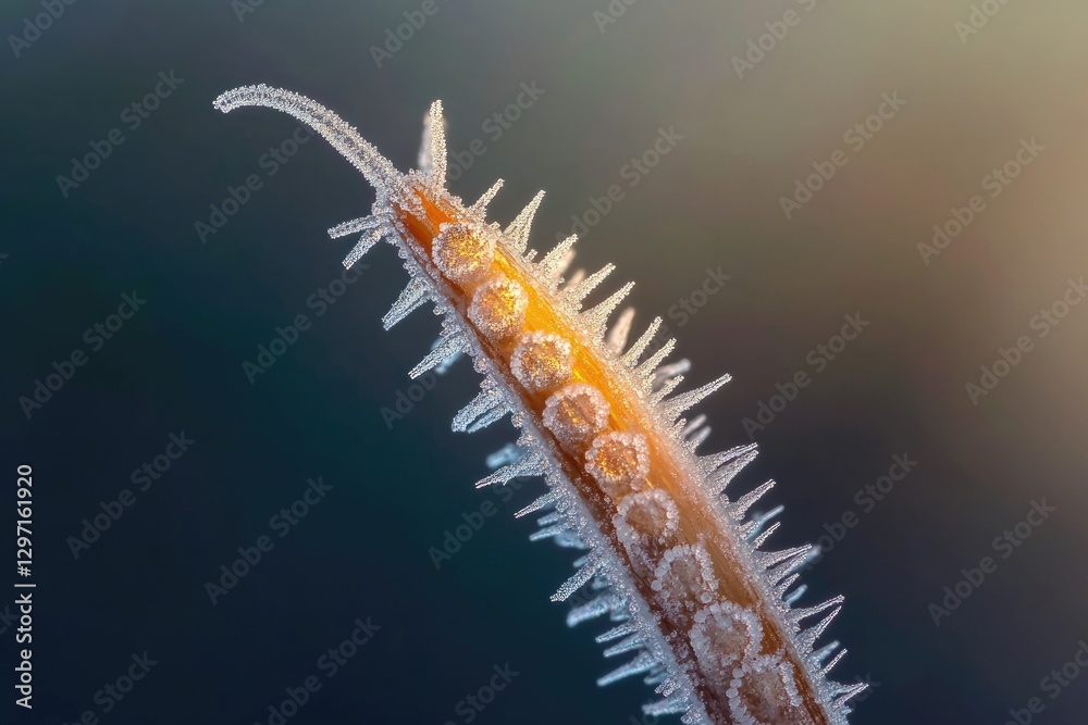 Fototapeta premium Close-up of a plant stem covered in delicate frost crystals, illuminated by sunlight.