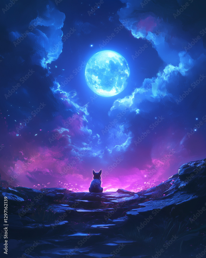 Fototapeta premium Silhouetted corgi gazing at glowing full moon in a fantasy night sky