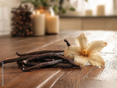 Elegant arrangement of vanilla pods and a delicate vanilla flower on a rustic wooden table with soft natural lighting and candles in the background