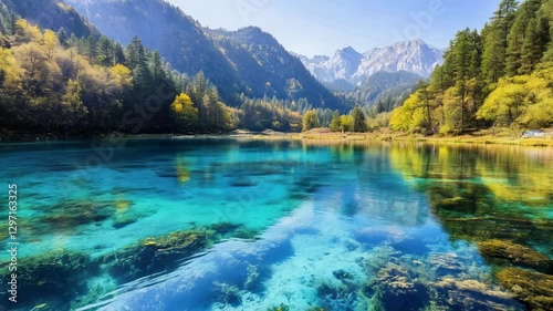 Serene Turquoise Lake in the Majestic Mountains of Jiuzhaigou Valley