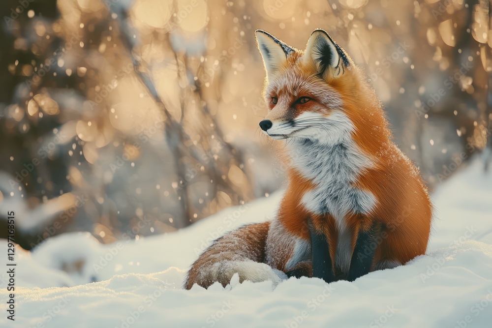 Obraz premium A majestic fox sits elegantly in the winter snow covered landscape
