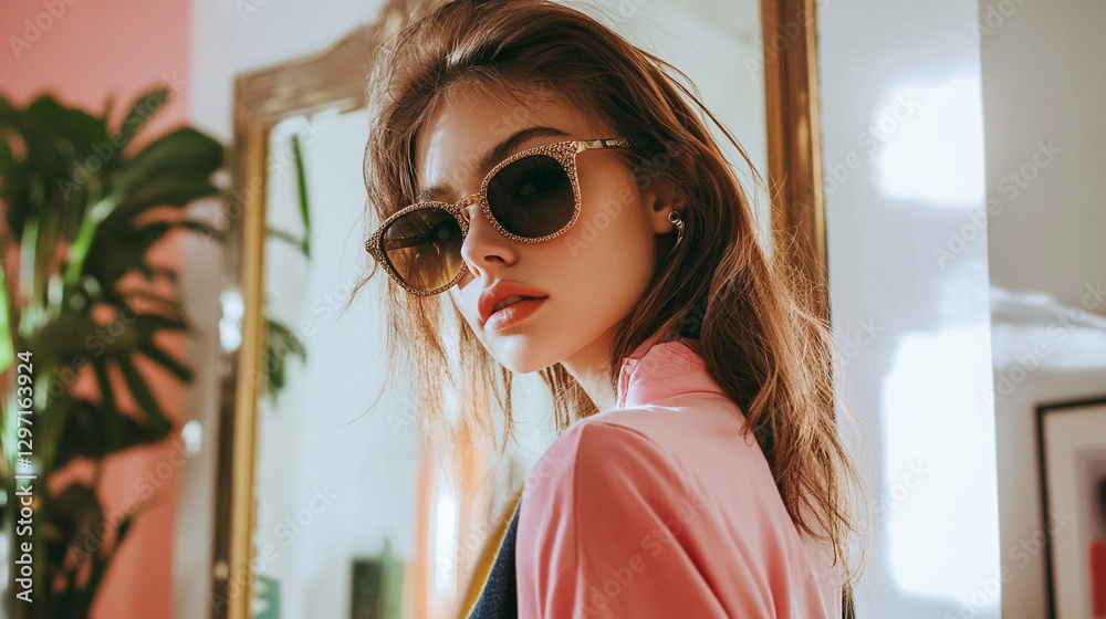 Woman with sunglasses in pink dress with very stylist looks.