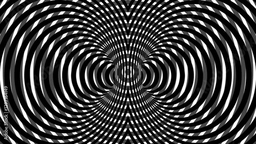 Hypnotic Circular tunnel striped circles black and white rotating, op art stripes 3d animation, optical illusion loop footage abstract background for vj, dj, template, meditation, intro video