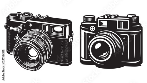 High-Quality Black Silhouette of Classic Vintage Camera with Large Lens and Shutter Button – Ideal for Retro Photography Themes