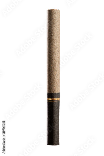 Cigarette isolated on white background. Luxury herbal pre-roll close-up isolated on a white background. Premium smoking product with elegant black and gold filter. Perfect for advertising, branding.
