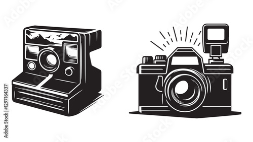 High-Quality Black Silhouette of Classic Vintage Camera with Large Lens and Shutter Button – Ideal for Retro Photography Themes