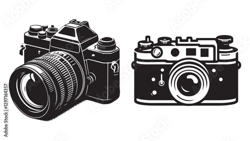 High-Quality Black Silhouette of Classic Vintage Camera with Large Lens and Shutter Button – Ideal for Retro Photography Themes